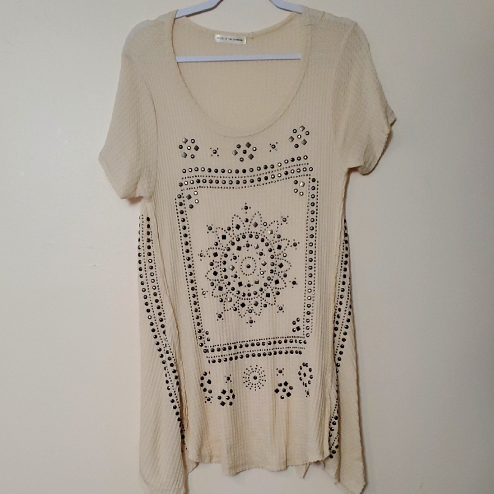 Voice Of California| Boho Studded Tunic Top Large Waffle Knit Cream